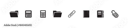 Set of simple vector icons featuring common office and study items such as folders, calculators, and paperclips