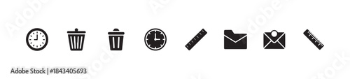 Set of simple vector icons featuring timepieces, waste receptacles, mail, and measuring instruments on white background
