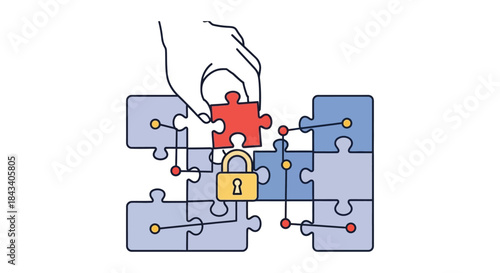 data security concept with hand placing final puzzle piece to unlock padlock icon illustrating cyber protection and access control