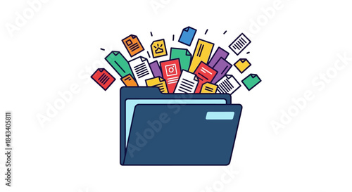 digital document management folder with colorful files flying out illustrating data organization paperwork overload and office productivity
