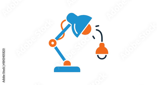 desk lamp icon with adjustable arm shining light on hanging bulb flat vector illustration for office design startup branding
