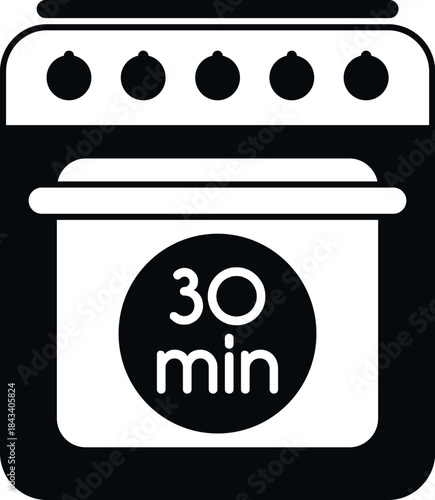 Kitchen appliance oven icon displaying a 30 minute cooking time indication
