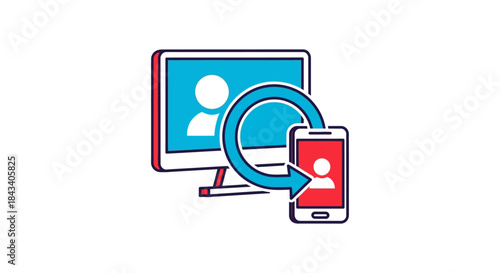 device synchronization icon showing user profile data transfer between computer and smartphone symbolizing cloud backup and account login