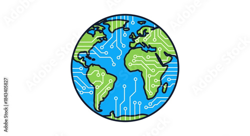 digital earth globe with circuit board continents stylized world map icon symbolizing global network connectivity and internet of things