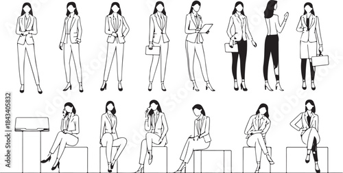 Diverse group of businesswomen in professional attire, shown in standing and sitting poses with accessories on a white background