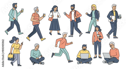 diverse modern people using smartphones and laptops walking and sitting in casual clothes flat vector illustration for lifestyle blogs
