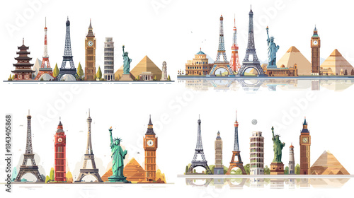 Colorful illustration of famous world landmarks including the Eiffel Tower, Statue of Liberty, Big Ben, pyramids, and global monuments arranged in a vibrant travel themed skyline.