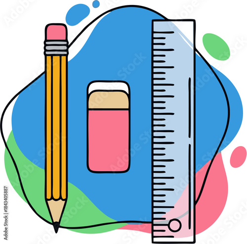 Stationery flat illustration with pencil, eraser, and ruler on abstract background