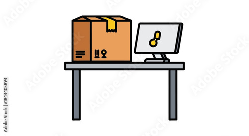 e commerce parcel tracking concept with cardboard shipping box and desktop computer on office desk for online delivery logistics