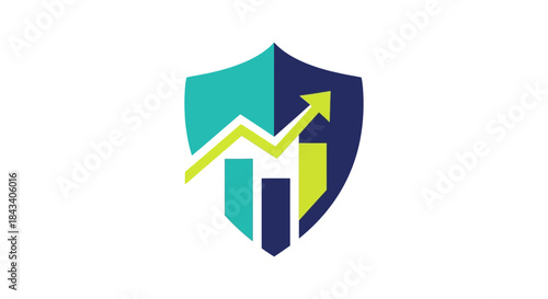 financial growth shield logo with upward arrow and bar chart symbolizing secure investment fintech protection and risk management branding