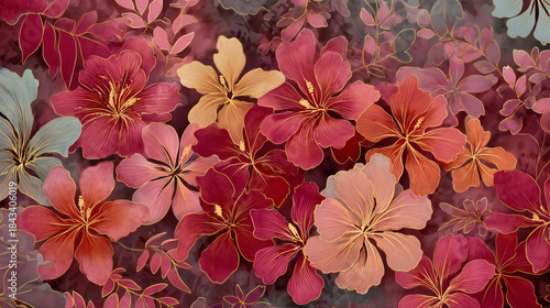 Abstract Layered Deep Red Pink Floral Seamless Art Pattern