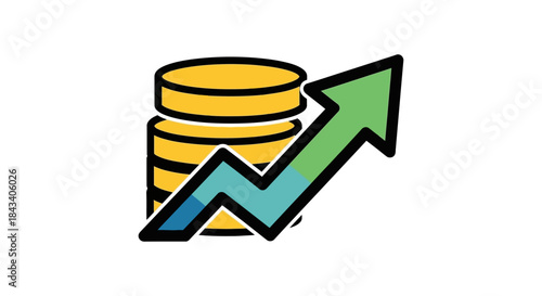 financial growth arrow rising over stacked gold coins colorful flat icon on white background for profit investment and revenue analytics
