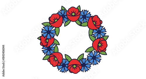 floral wreath with red poppies and blue cornflowers in circular frame on white background decorative folk art border for invitations