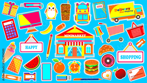 Colorful minimarket icon set. Bright retail and shopping vector symbols. Supermarket elements in flat style. Colourful retail element icons illustration. 