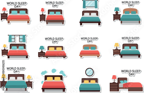Illustrations Set of Sleep Bed for World Sleep Day