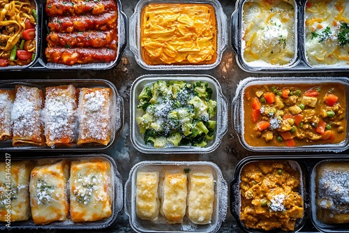 Frozen ready meals displayed with frost-covered dishes like lasagna, curry, and stir-fries, organized in an attractive layout.