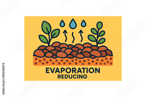 Flat vector illustration of bright garden mulch layer reducing evaporation with bold texture dots rounded shapes clean outline