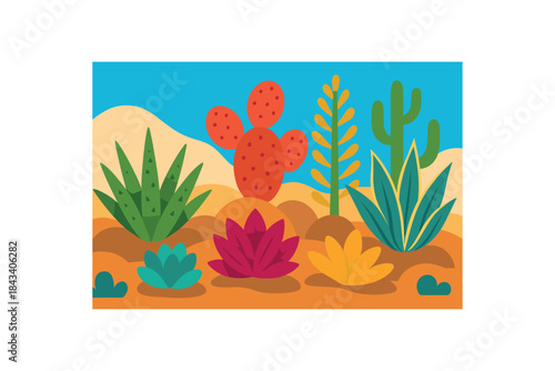 Flat vector illustration of colorful droughttolerant plants xeriscape garden with vivid succulents rounded shapes clean flat style