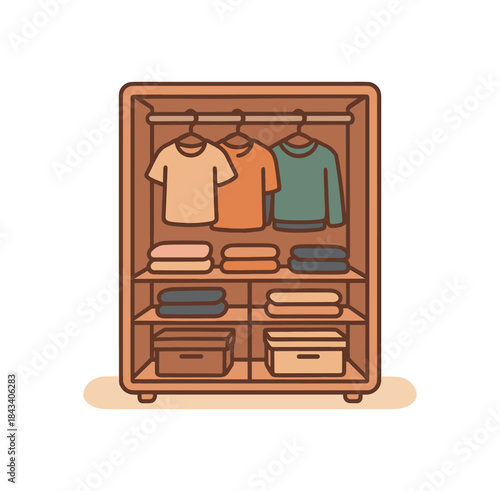 Flat vector illustration of open wardrobe with folded clothes and boxes soft rounded shapes clean outline home comfort style