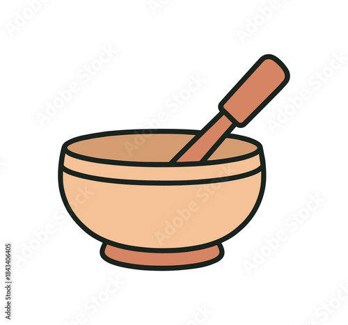 Flat vector illustration of sound bowl with mallet soft rounded shapes clean outline wellness and mindfulness style