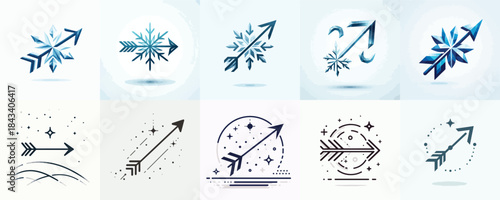 Sagittarius zodiac arrow symbol with various different designs and styles. Vector, minimalist, illustration, icon set.