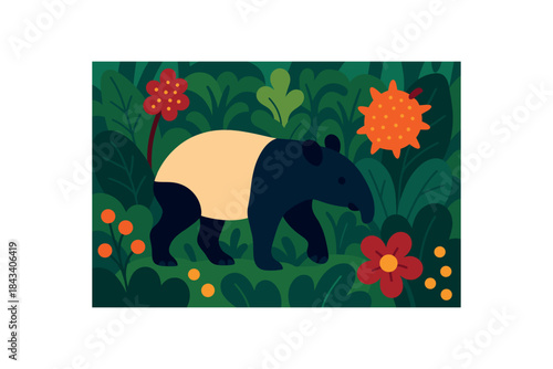 Flat vector illustration of colorful tapir rainforest with vivid seeddispersal plants rounded forms minimal details