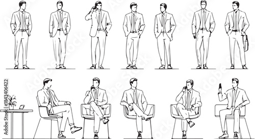 Line Art Illustrations of Men in Suits Posing Standing and Sitting with Devices on White Background
