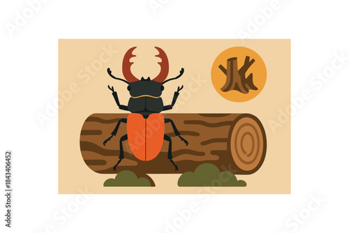 Flat vector illustration of bright staghorn beetle on old tree log with bold deadwood habitat icon rounded shapes