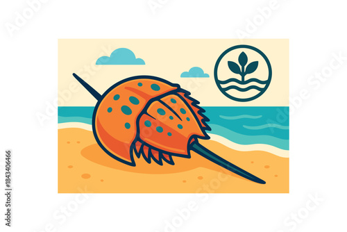 Flat vector illustration of colorful horseshoe crab on beach with vivid coastal protection icon rounded shapes clean outline