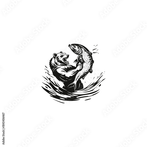 Powerful grizzly bear catching a large salmon fish in splashing water, vintage woodcut style isolated
