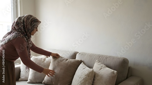 Woman Arranging Cushions on Sofa in Living Room.