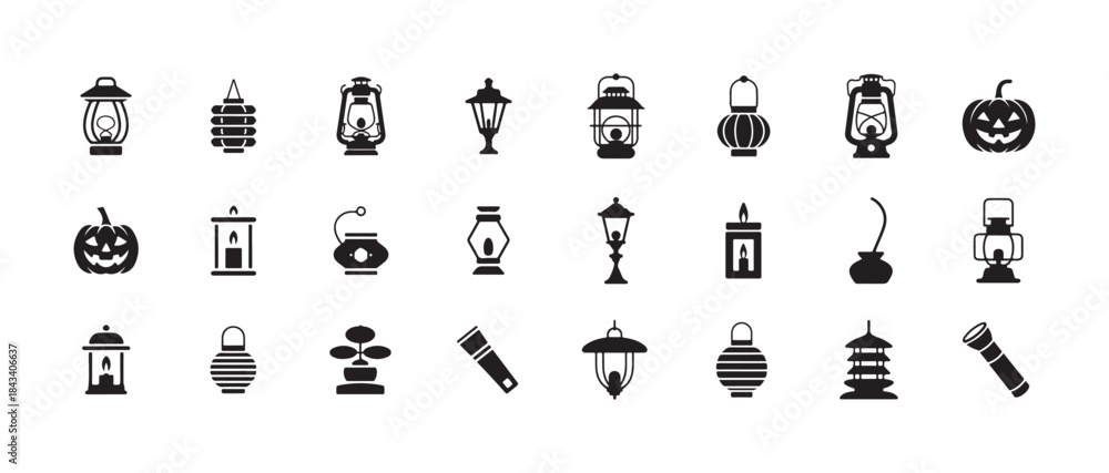 Fototapeta premium Set of lamp icons, lantern icon set, light icon pack, flashlight, street lamp, pumpkin light, candle, ghost light