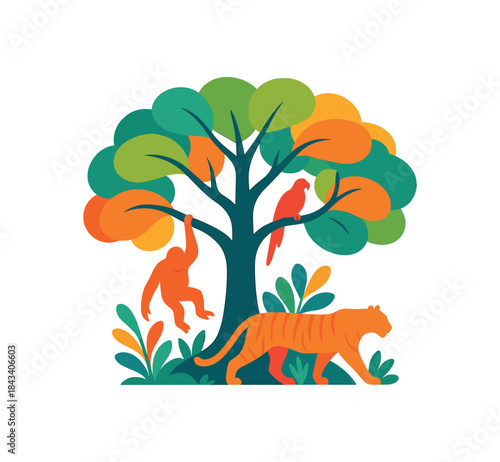 Flat vector illustration of colorful rainforest tree with multiple endangered species silhouettes (tiger orangutan parrot) vivid tones rounded shapes clean outline