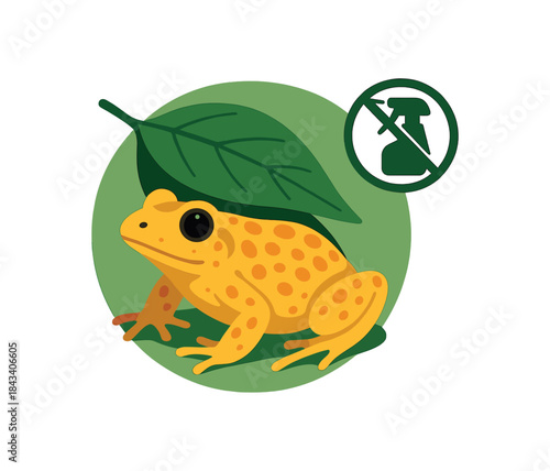 Flat vector illustration of bright zamorano frog / rare amphibian under leaf with bold pesticidefree icon rounded shapes