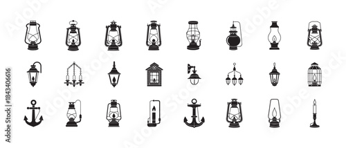 Set of black and white icons featuring vintage lanterns, street lamps, chandeliers, anchors, and candles on white