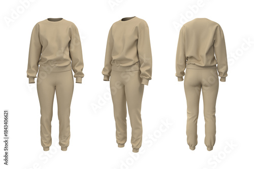 Women’s Sweatshirt and Jogger Pants Set Mockup – Front, Side and Back View