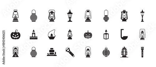 Set of black and white icons featuring vintage lanterns, pumpkins, candles, flashlight, and stones on white