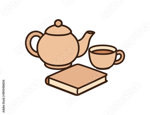 Flat vector illustration of small tea pot and cup beside book soft rounded shapes clean outline wellness and mindfulness style