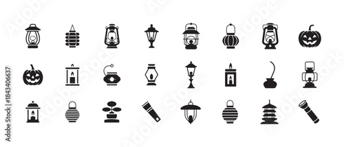 Set of lamp icons, lantern icon set, light icon pack, flashlight, street lamp, pumpkin light, candle, ghost light