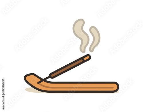 Flat vector illustration of incense stick with light smoke soft rounded shapes clean outline wellness and mindfulness style