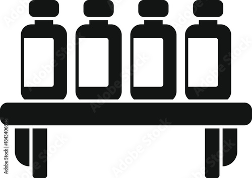 Four unlabeled bottles storing products on a simple shelf displaying storage and organization