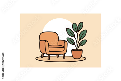 Flat vector illustration of quiet corner with chair and plant soft rounded shapes clean outline wellness and mindfulness style