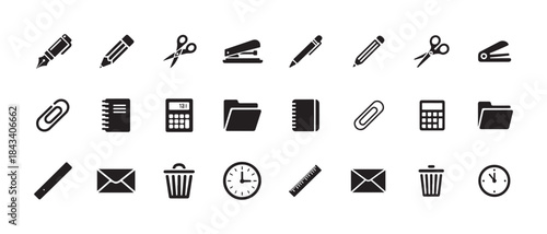 Set of office icons, stationery icon set, pen, pencil, scissors, stapler, paperclip, calculator, folder, clock, ruler