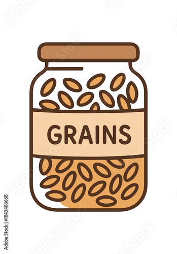 Flat vector illustration of glass jar with grains and paper label soft rounded shapes clean outline zero waste eco lifestyle style