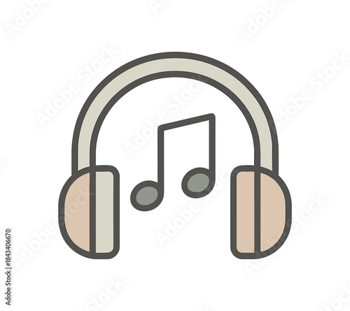 Flat vector illustration of music note and headphones minimal calm icon soft rounded shapes clean outline wellness and mindfulness style