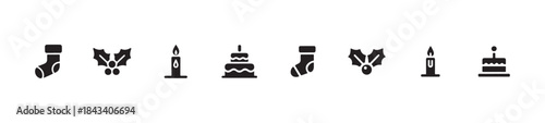 Christmas icons set with stocking holly candle and cake for holiday season celebration