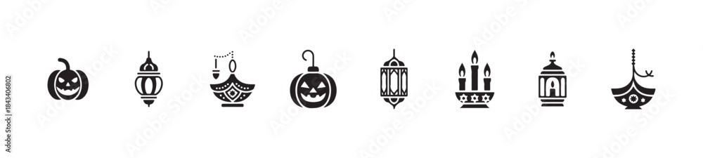 Obraz premium Set of halloween pumpkins, traditional lanterns, and festive light icons, holiday celebration elements