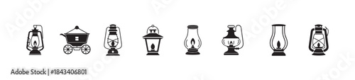 Set of traditional vintage oil lamps and antique lanterns, classic lighting devices collection