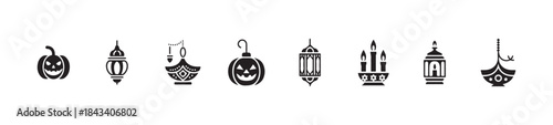 Set of halloween pumpkins, traditional lanterns, and festive light icons, holiday celebration elements