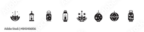 Set of lotus flower, candle lanterns, and decorative ball lights, spiritual and festive lighting icons